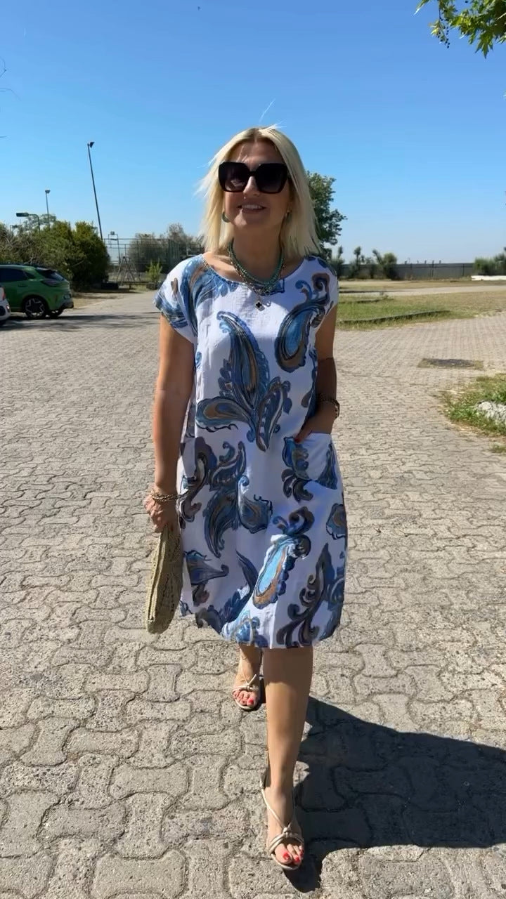 Robe d’été courte à manches courtes, imprimé cachemire bleu et blanc