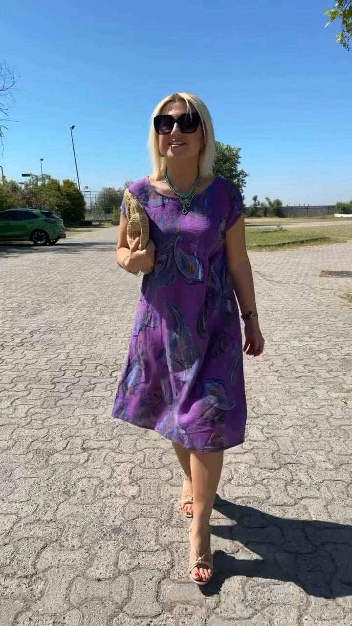 Robe d’été courte à manches courtes, imprimé cachemire violet