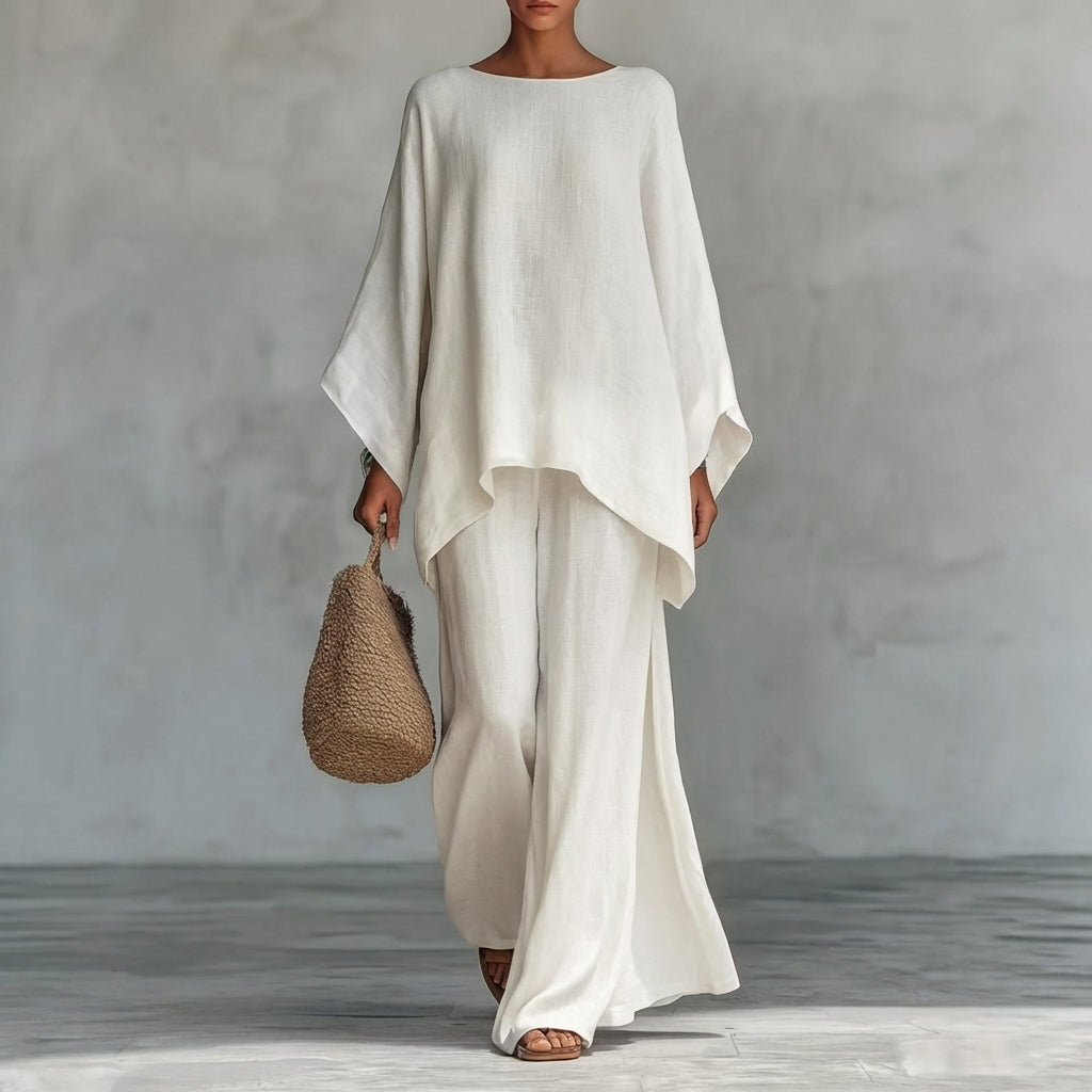 Ensemble deux pièces ample : tunique manches longues flottantes et pantalon large blanc