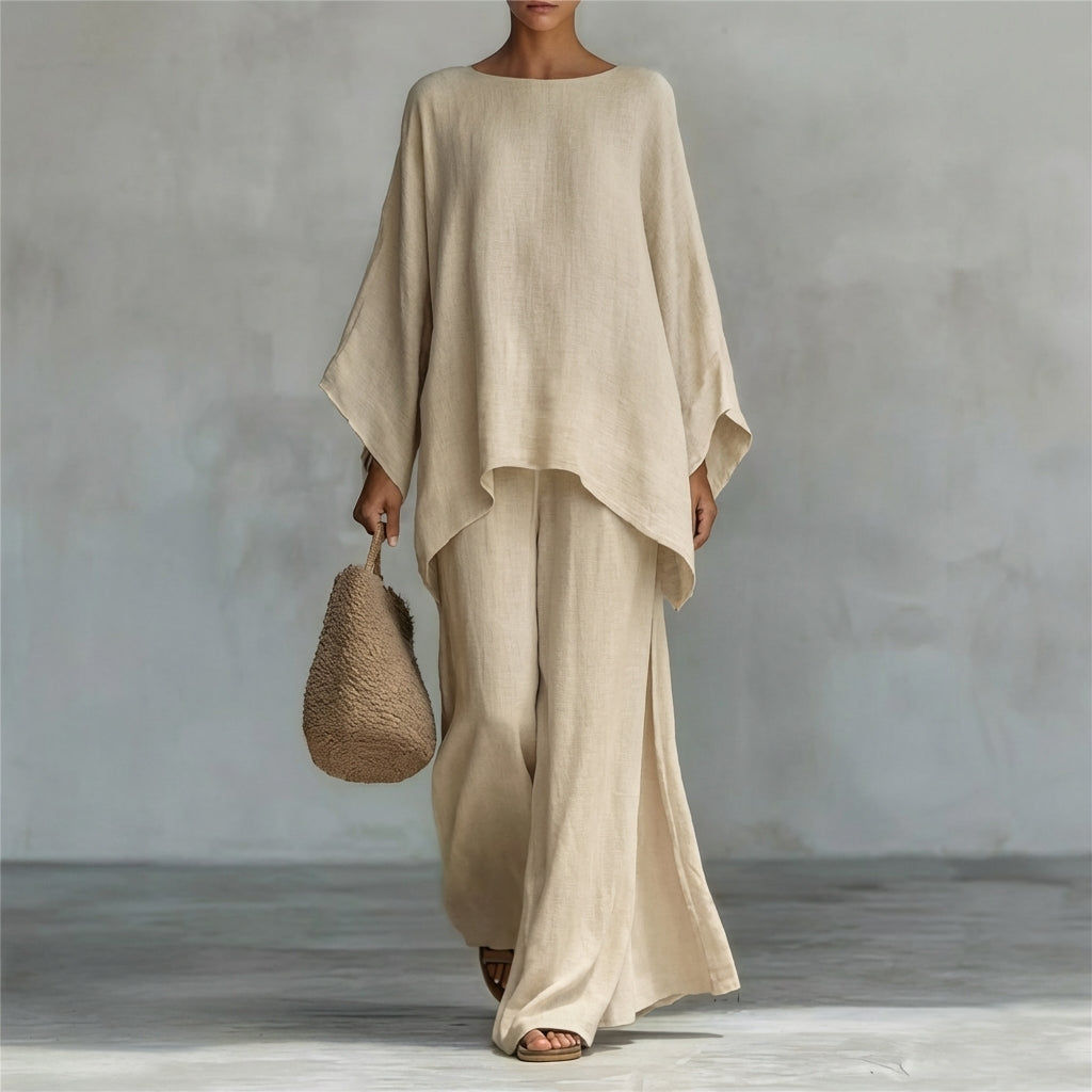 Ensemble deux pièces ample : tunique manches longues et pantalon large kaki clair