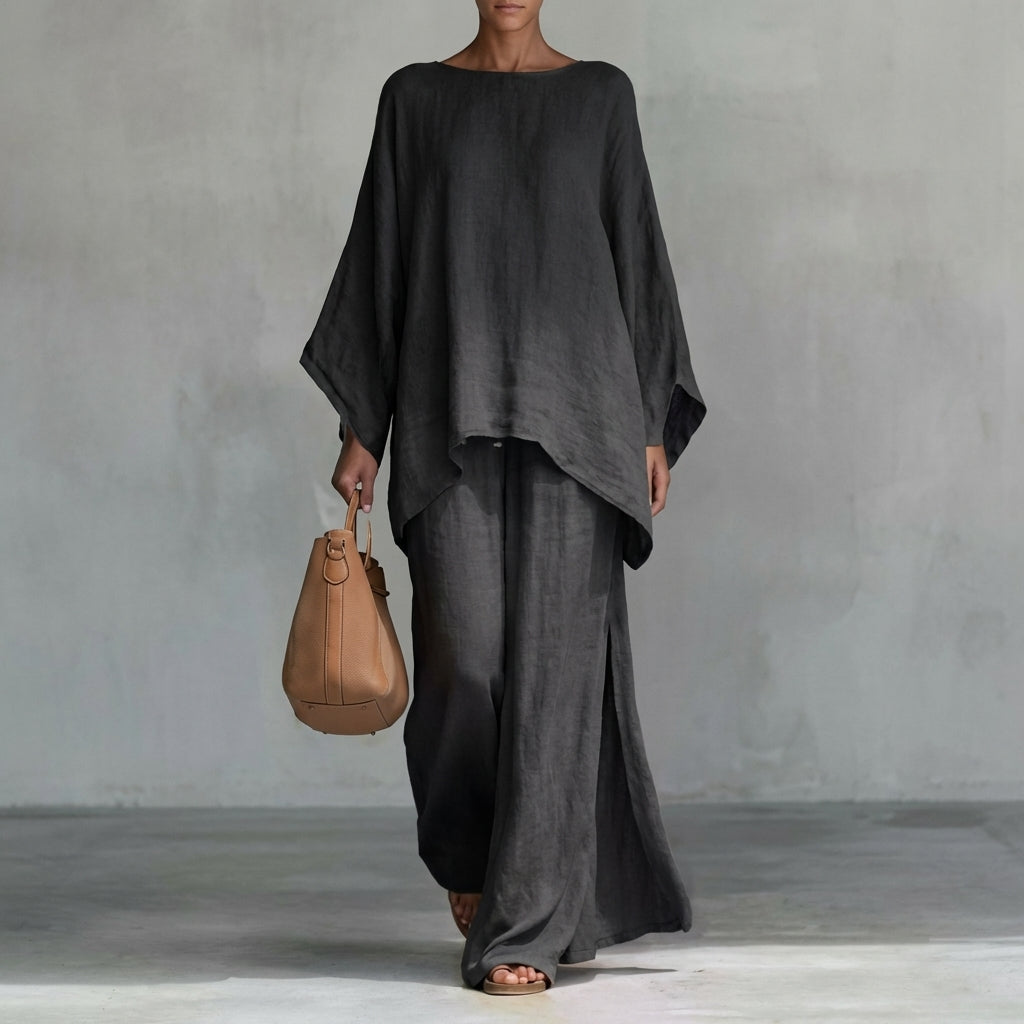 Ensemble deux pièces ample : tunique manches longues noire et pantalon large sombre