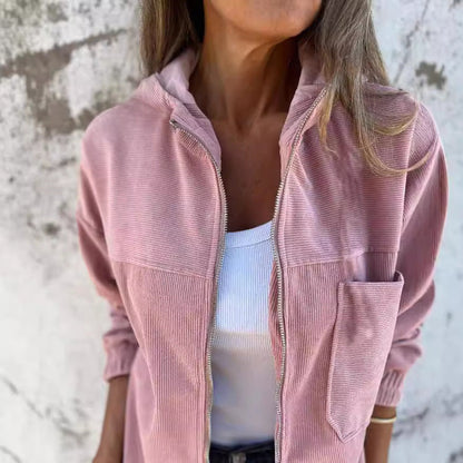 Veste en velours côtelé rose zippée, poches poitrine, texture côtelée