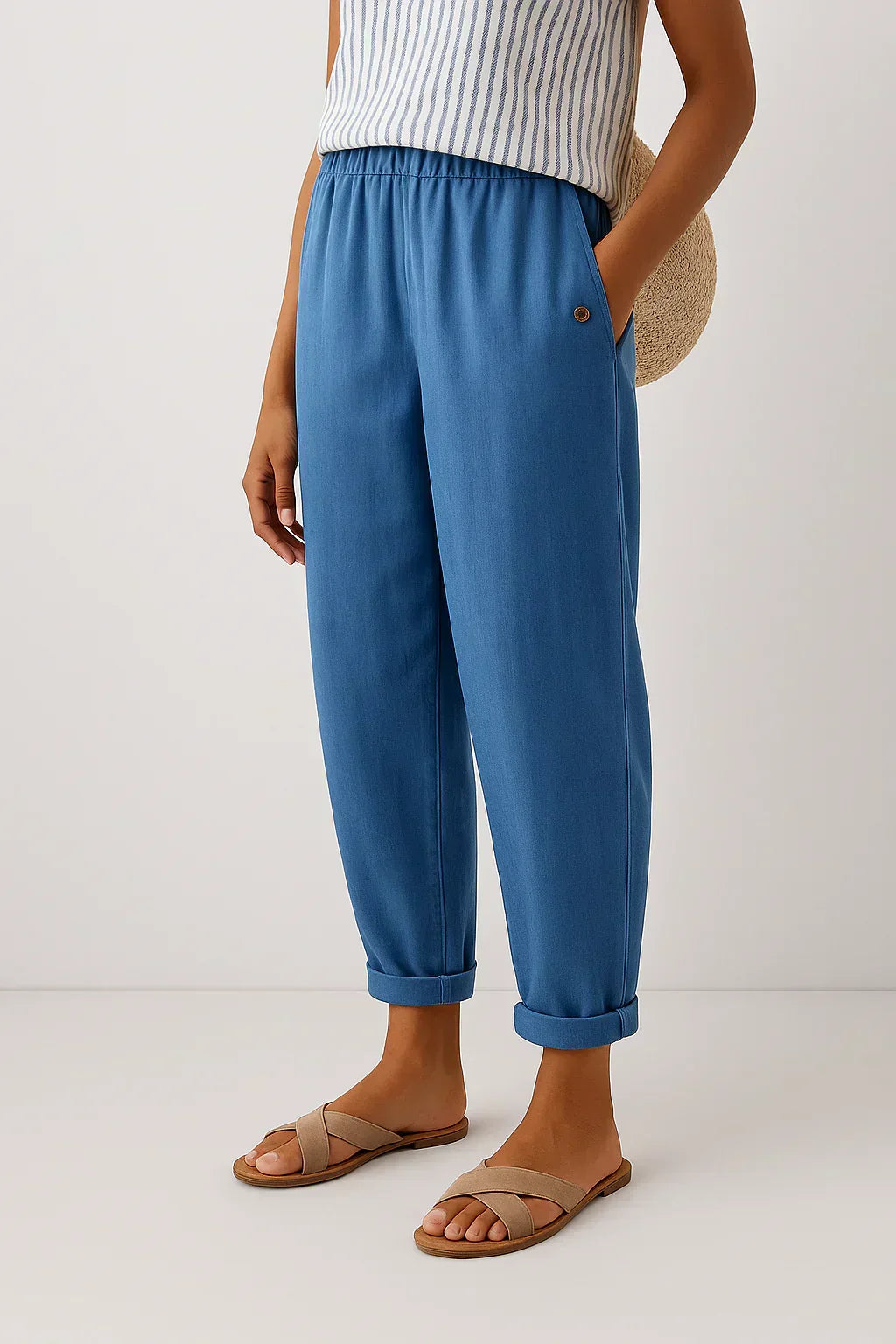 Pantalon en lin-coton bleu, taille élastique, bas retroussés, bouton décoratif.