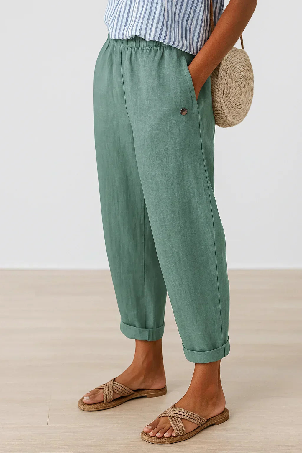 Pantalon en lin-coton turquoise, taille élastique, bas retroussés, bouton décoratif.