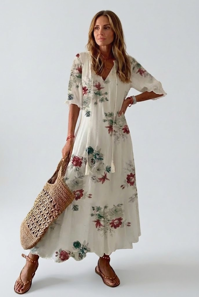 Robe maxi blanche à fleurs, encolure V, manches mi-longues, coupe ample et fluide.