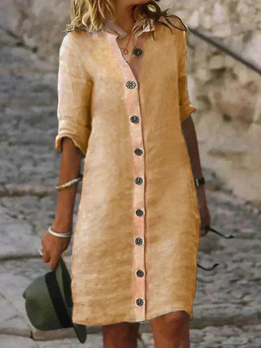 Robe mi-longue beige à col chemise, manches 3/4, boutonnage central