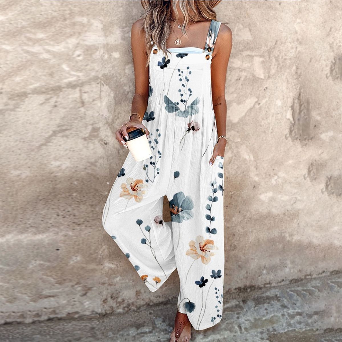 Combinaison d’été blanche à fleurs bleues et orange, bretelles réglables, jambes amples