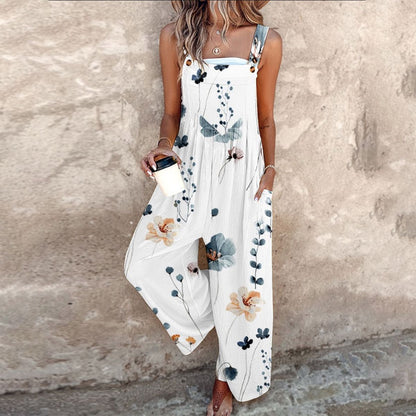 Combinaison d’été blanche à fleurs bleues et orange, bretelles réglables, jambes amples