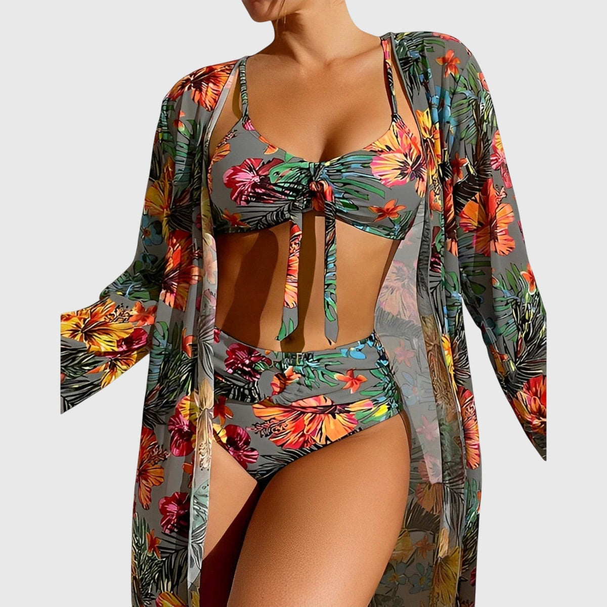 Bikini fleuri avec paréo transparent, haut bandeau noué et bas taille haute