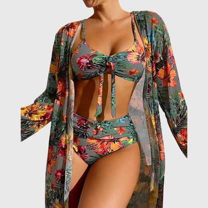 Bikini fleuri avec paréo transparent, haut bandeau noué et bas taille haute