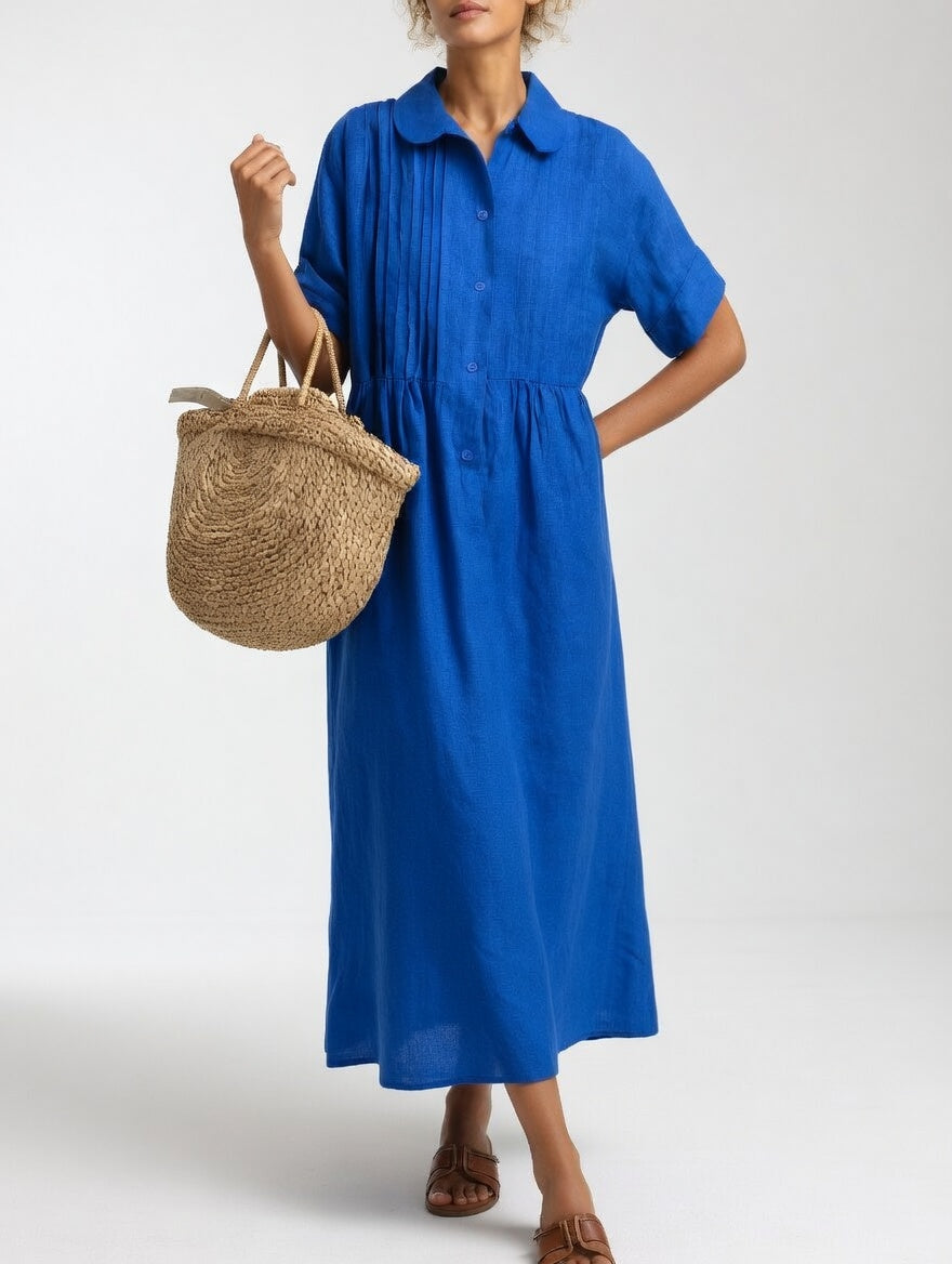 Robe chemise fluide bleu, manches courtes, col, patte boutonnée, taille froncée