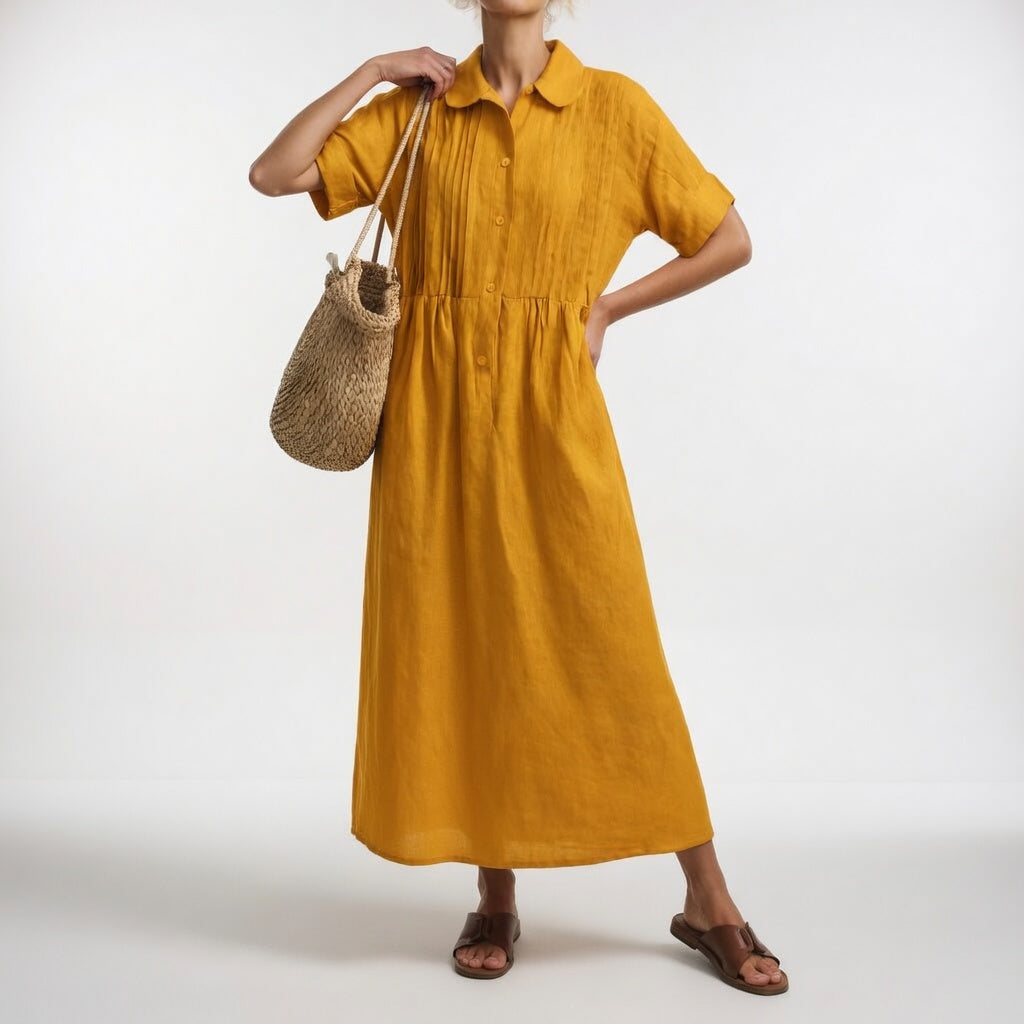 Robe chemise fluide jaune, manches courtes, col, patte boutonnée, taille froncée