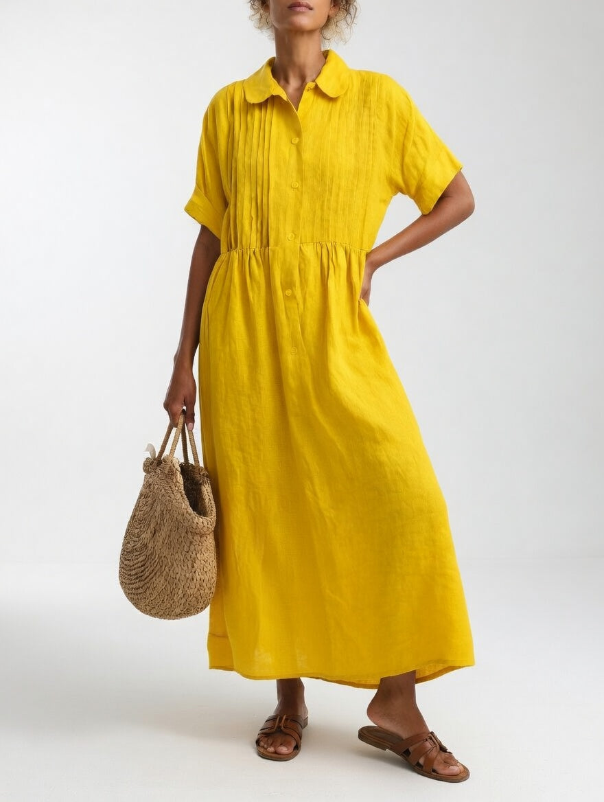 Robe chemise fluide jaune vif, manches courtes, col, patte boutonnée, taille froncée