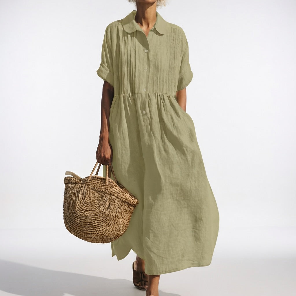 Robe chemise fluide kaki vert, manches courtes, col, patte boutonnée, taille froncée