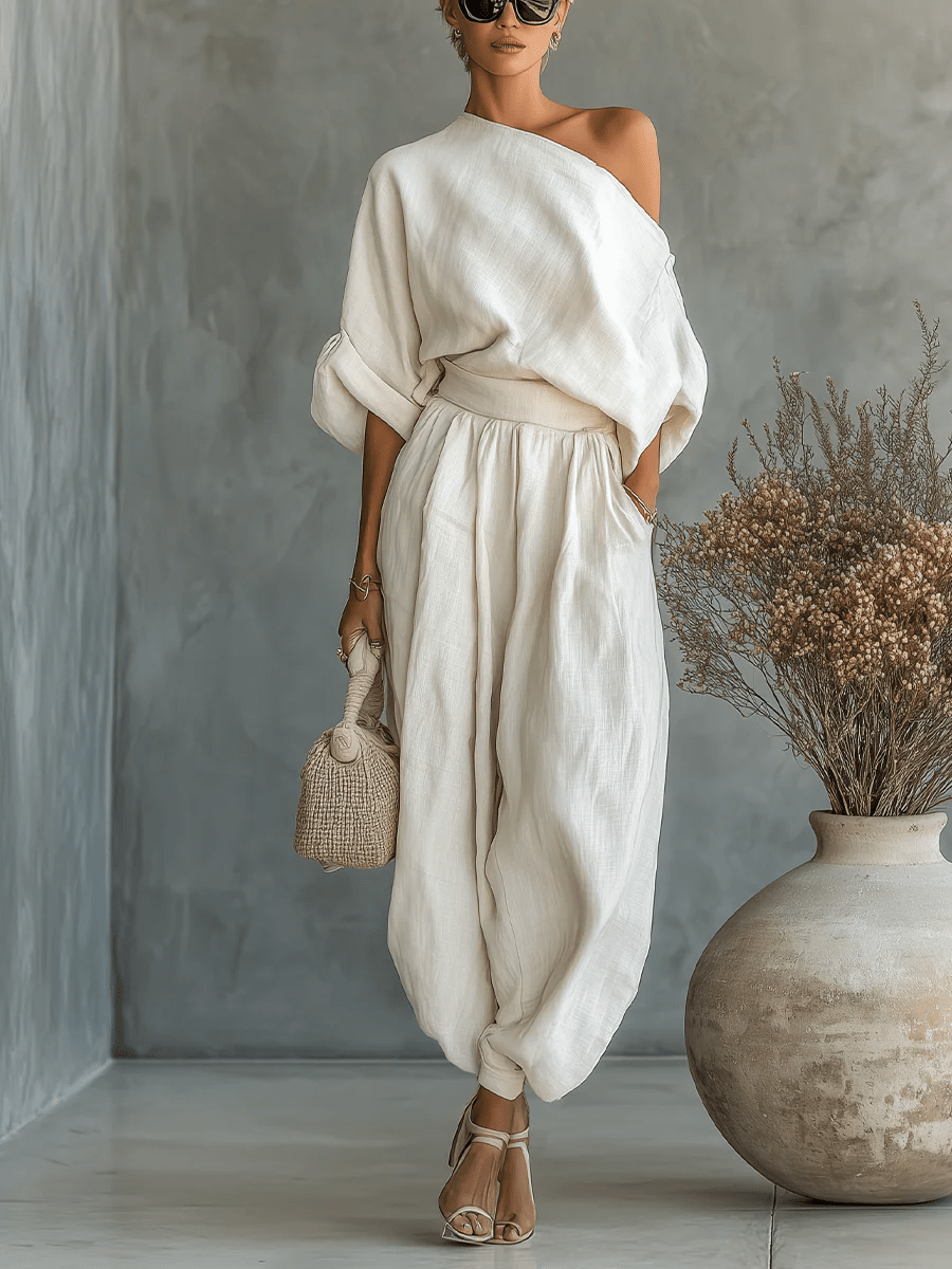 Ensemble Mila™ blanc : haut bardot décolleté et pantalon large à taille froncée