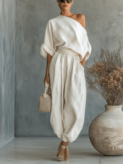 Ensemble Mila™ blanc : haut bardot décolleté et pantalon large à taille froncée