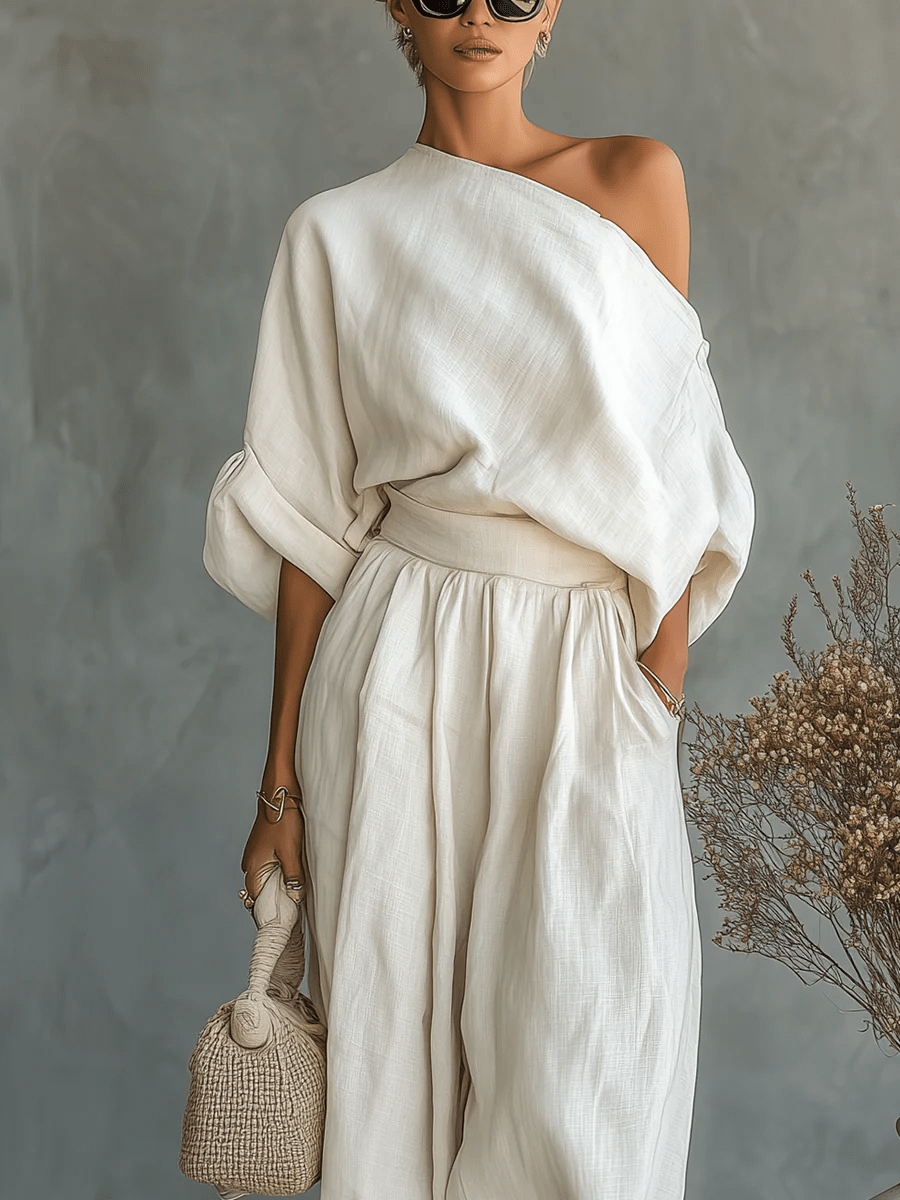 Ensemble Mila™ blanc : haut bardot asymétrique et pantalon ample à taille froncée