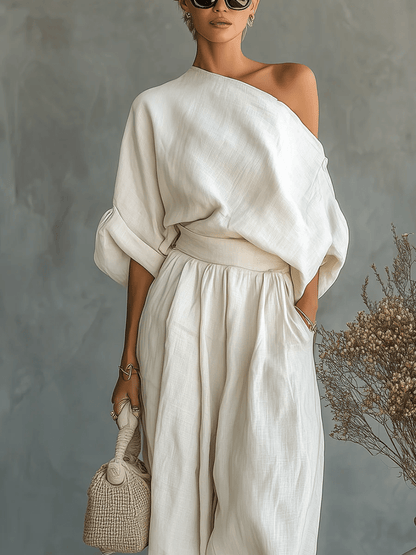 Ensemble Mila™ blanc : haut bardot asymétrique et pantalon ample à taille froncée