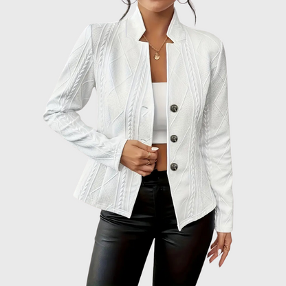 Veste blazer femme blanche à texture tressée, col châle, boutons décoratifs