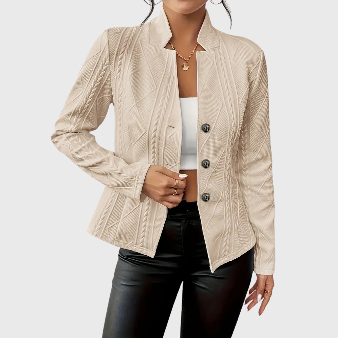 Veste blazer femme beige à texture tressée, col châle, fermeture boutonnée