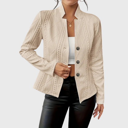 Veste blazer femme beige à texture tressée, col châle, fermeture boutonnée