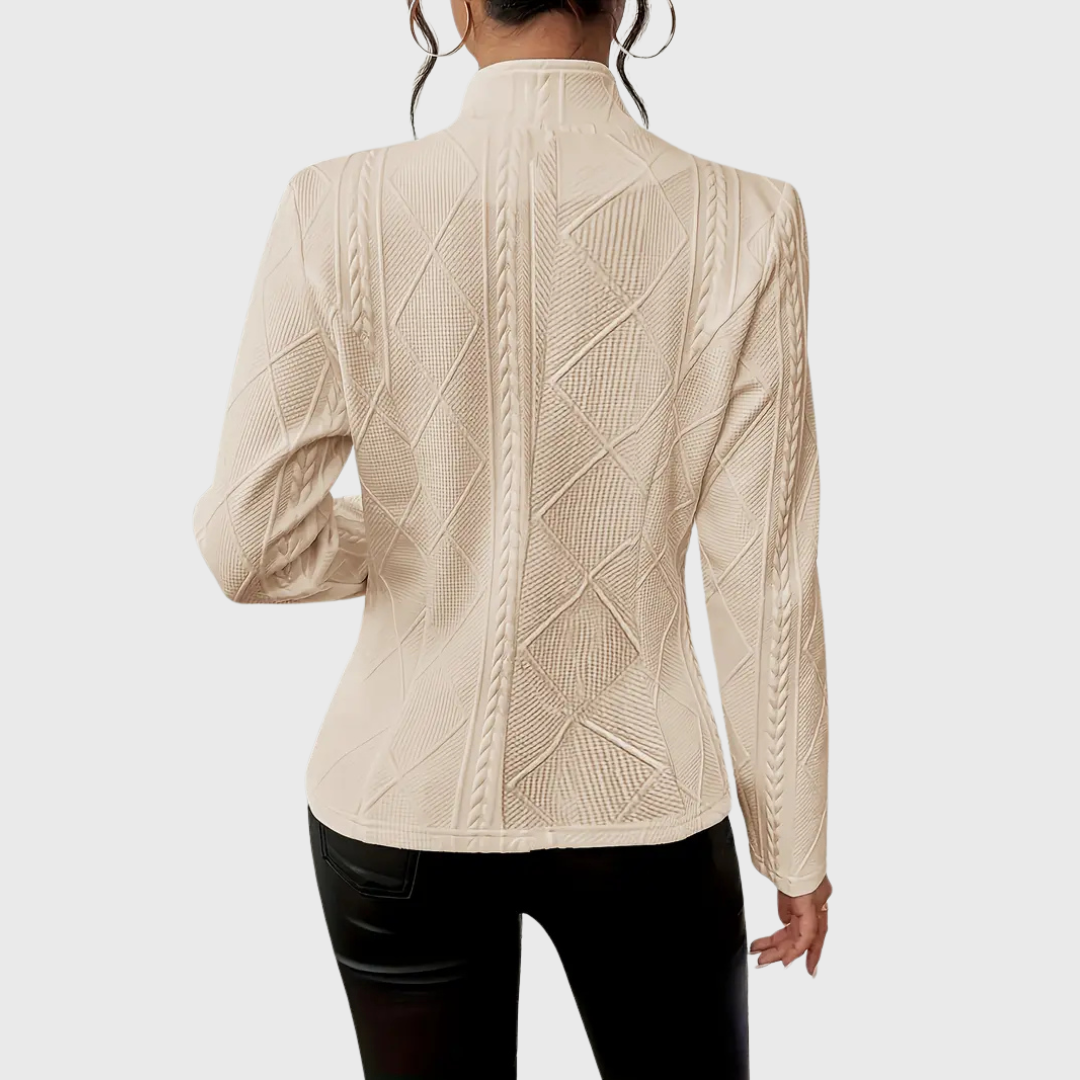 Veste blazer femme beige à texture tressée, col châle, fermeture boutonnée