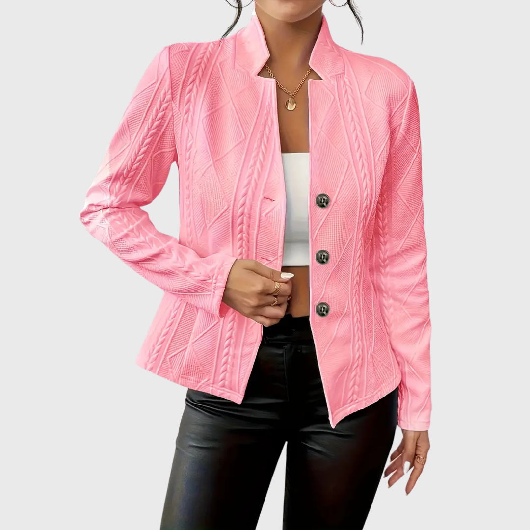 Veste blazer femme rose clair à texture tressée, col châle, fermeture boutonnée