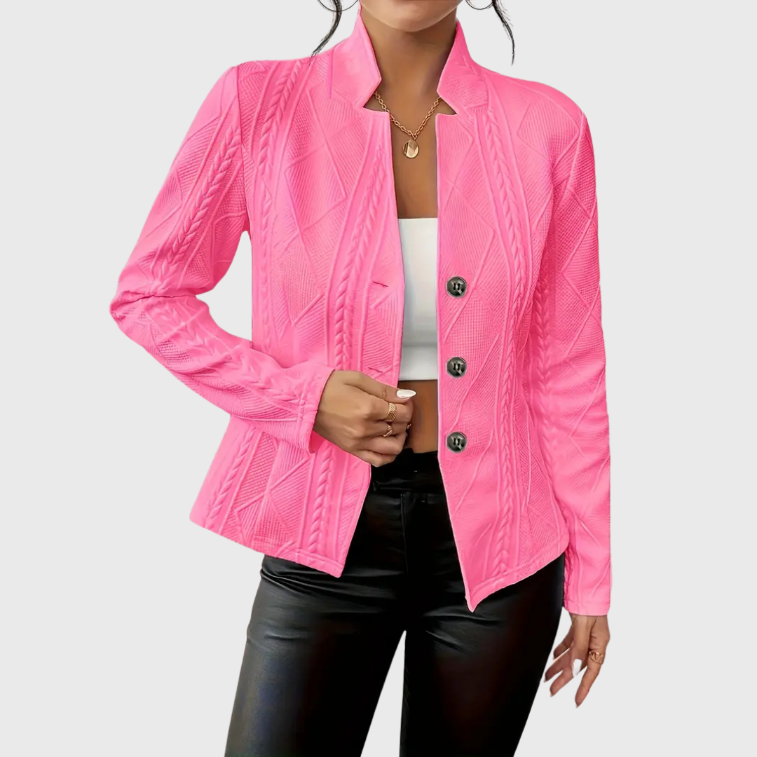 Veste blazer femme rose vif à texture tressée, col châle, fermeture boutonnée