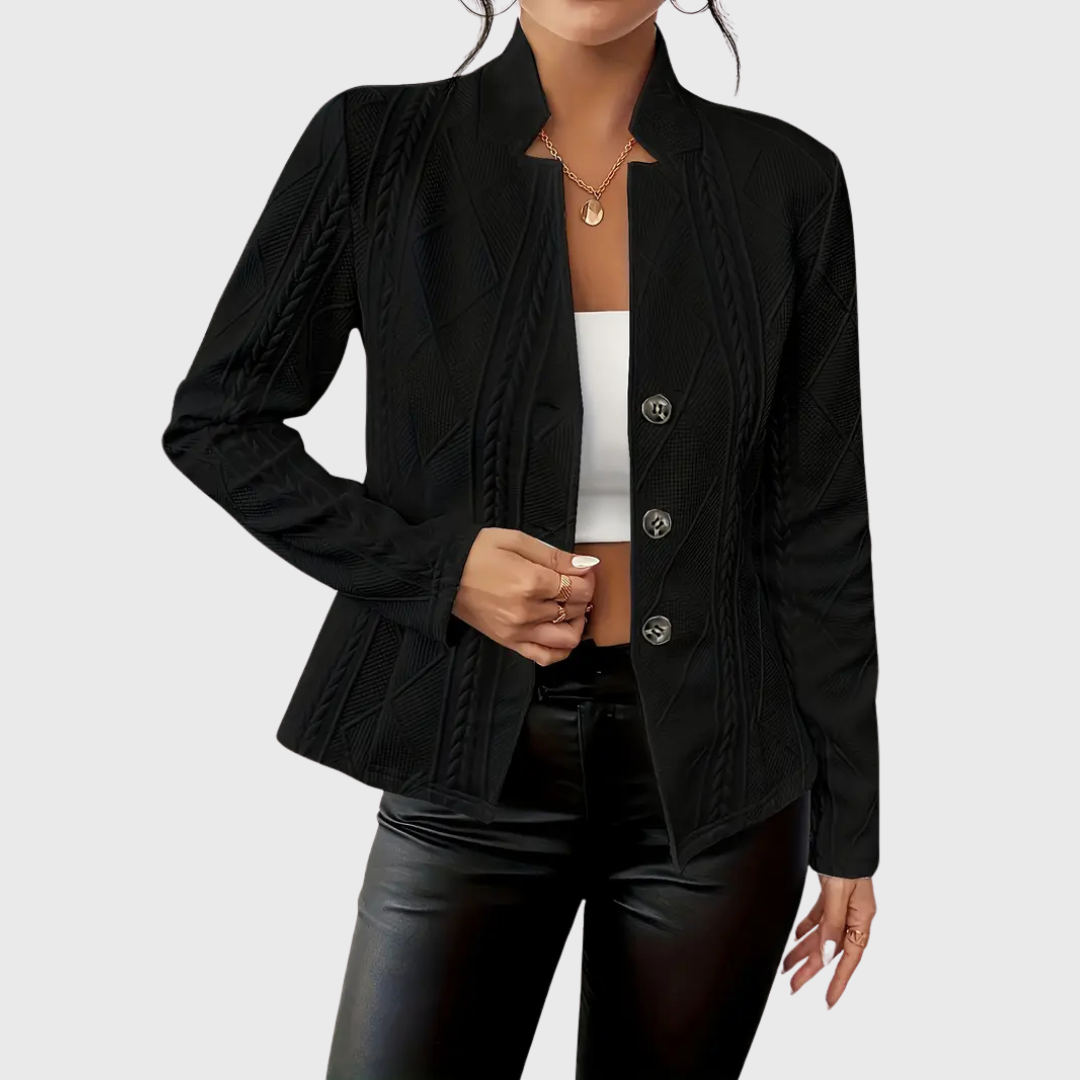 Veste blazer femme noire à texture tressée, col châle, fermeture boutonnée
