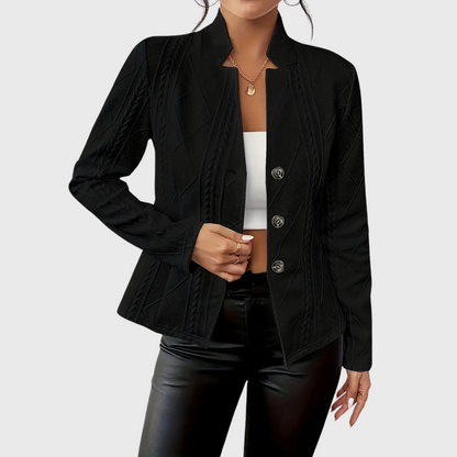 Veste blazer femme noire à texture tressée, col châle, fermeture boutonnée