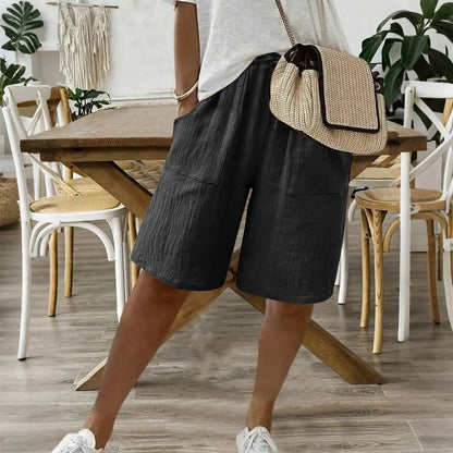 Short en coton et lin noir, coupe droite, poches latérales
