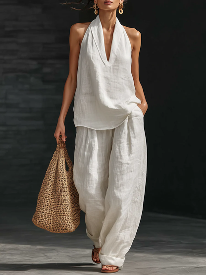 Ensemble sans manches blanc, top col V et pantalon ample taille haute