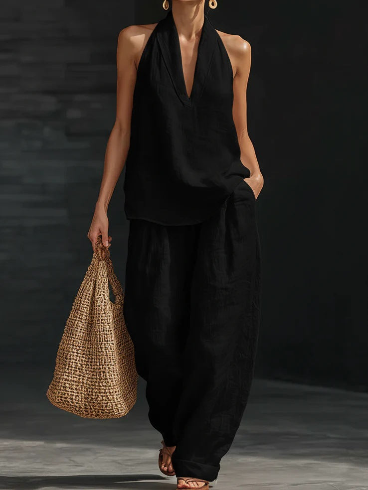 Ensemble sans manches noir, top col V fluide et pantalon large
