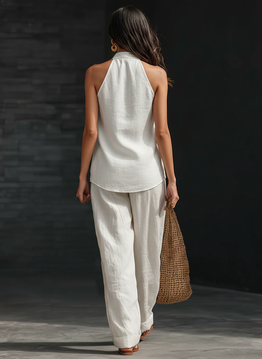 Ensemble sans manches blanc, top dos nu et pantalon large