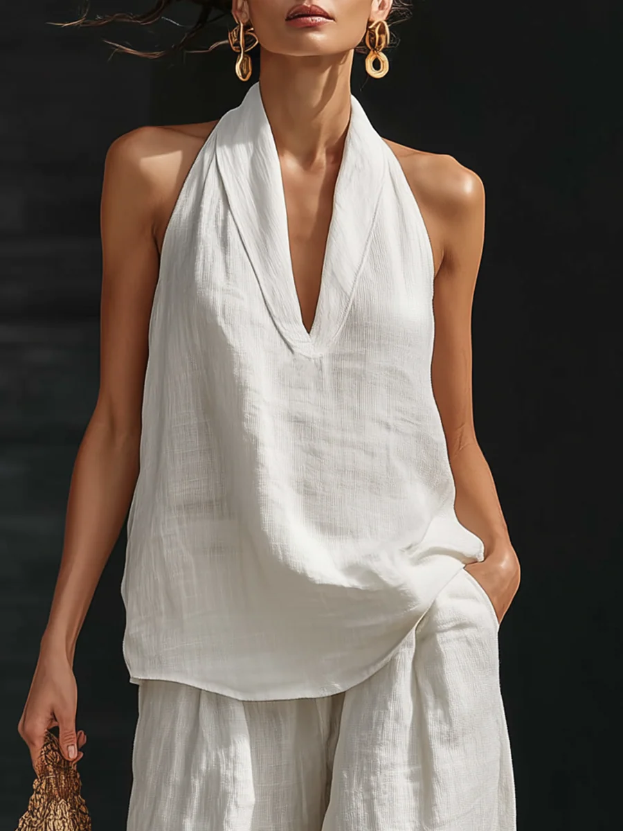 Ensemble sans manches blanc : top drapé col V et pantalon ample