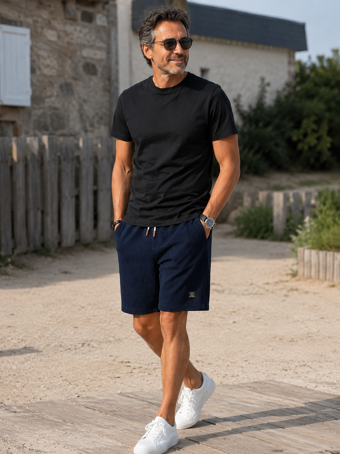 Short léger d’été NATHAN bleu foncé, taille élastique avec cordon, poches, étiquette