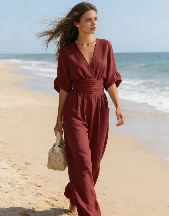 Combinaison bordeaux décolleté V, manches bouffantes, taille froncée, jambes larges
