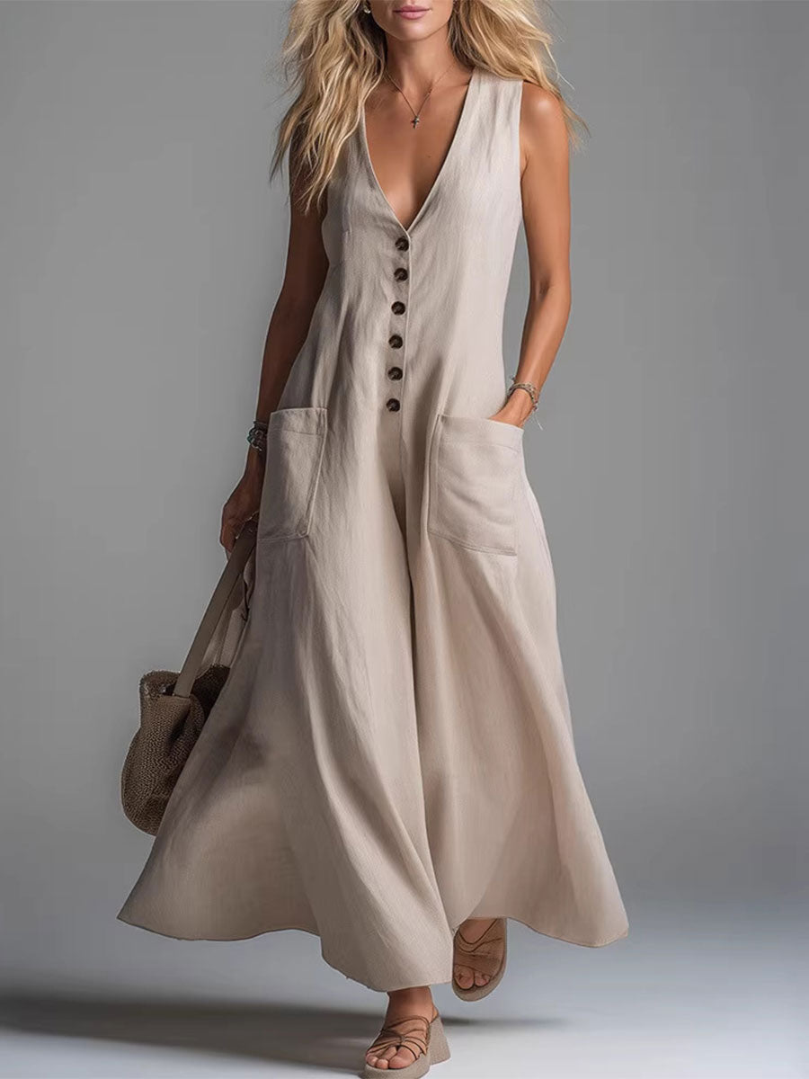 Robe longue boutonnée kaki, encolure V, poches latérales