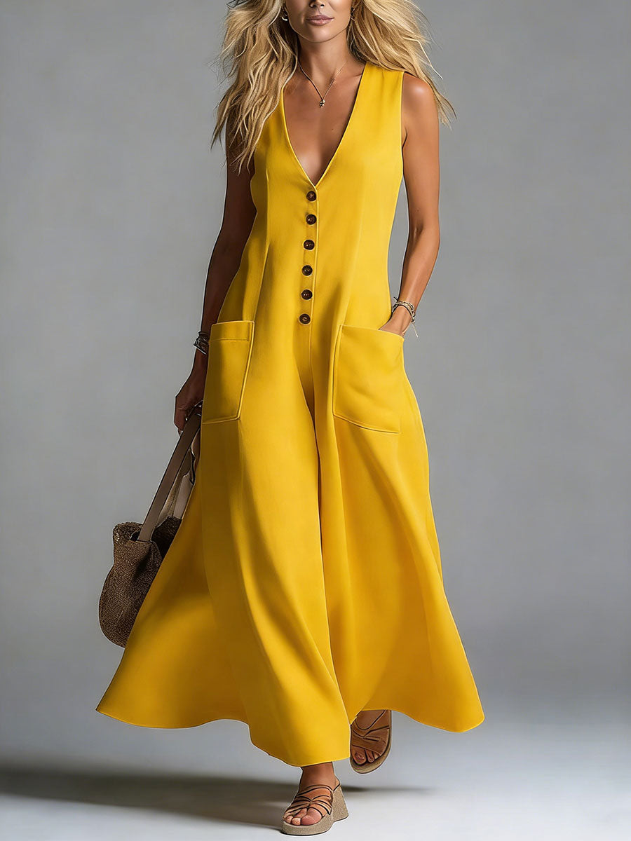Robe longue jaune boutonnée, encolure V, poches latérales
