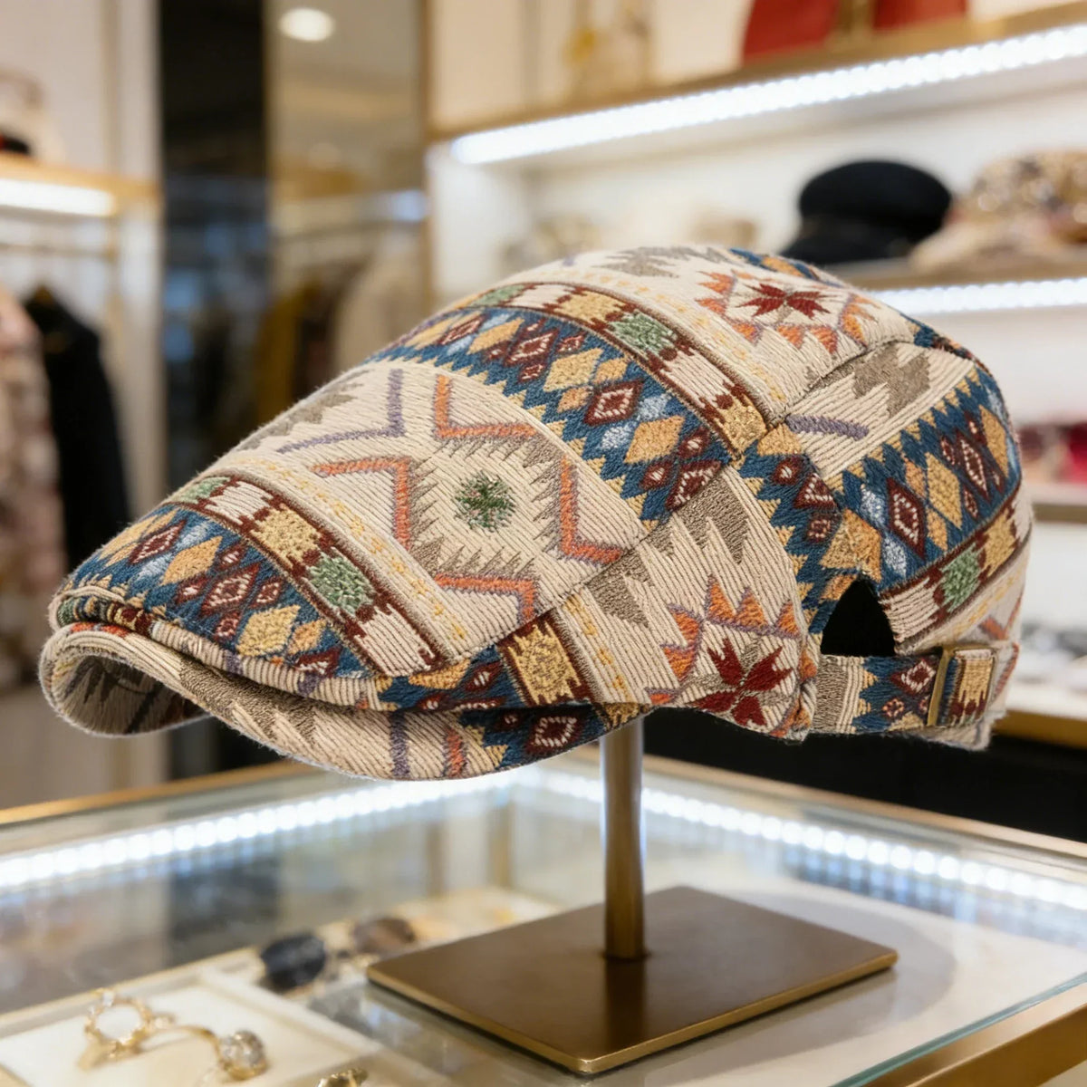 Casquette rétro Bloom™ beige à motifs tribaux bleu et brun, visière courbée