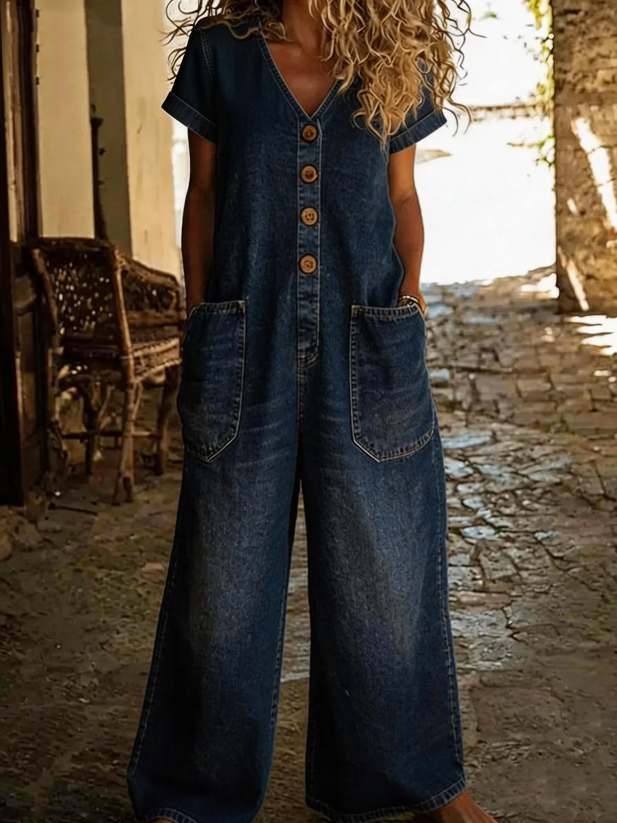 Combinaison-short en jean bleu foncé, col en V, manches courtes, boutons et poches plaquées