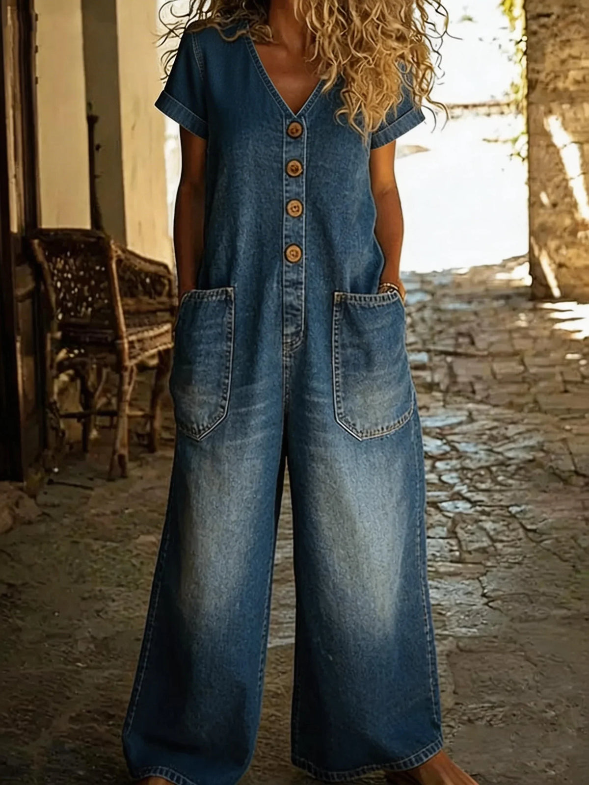 Combinaison-short en jean bleu, col en V, manches courtes, boutonnage et poches devant