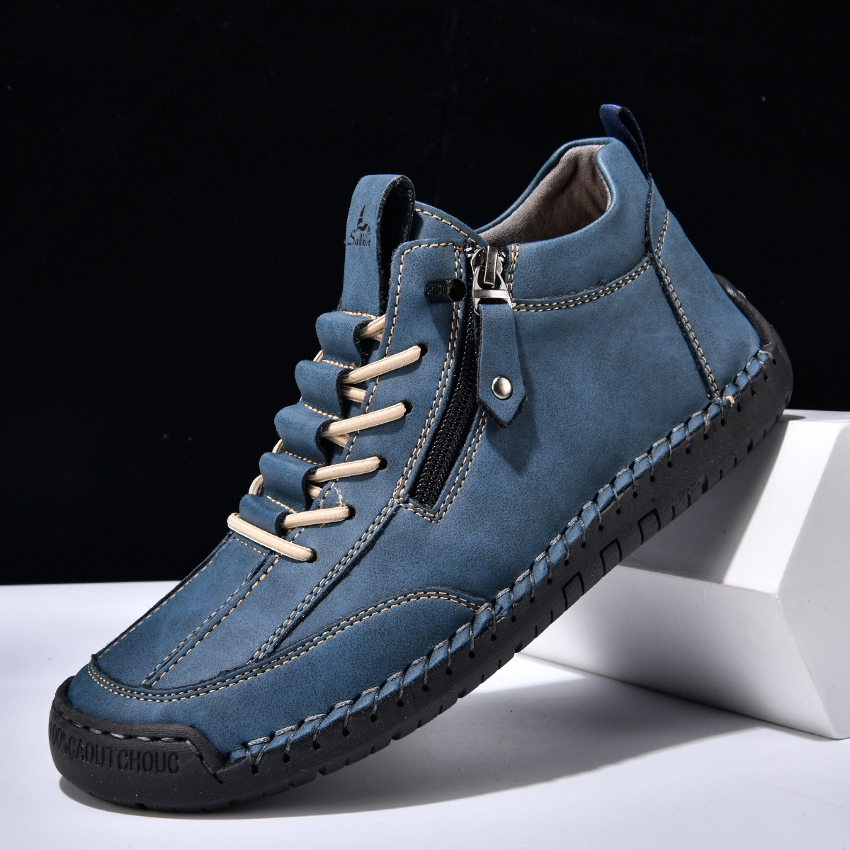 Chaussures homme Danoir Paris™ nubuck bleu zippées, lacets, surpiqûres contrastées