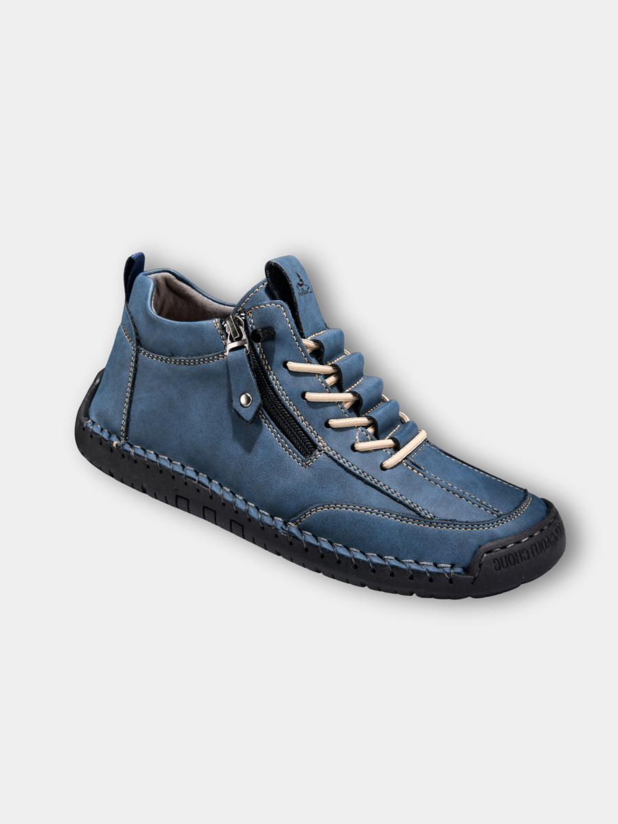 Chaussure homme en nubuck bleu zippée, lacets et semelle épaisse crantée