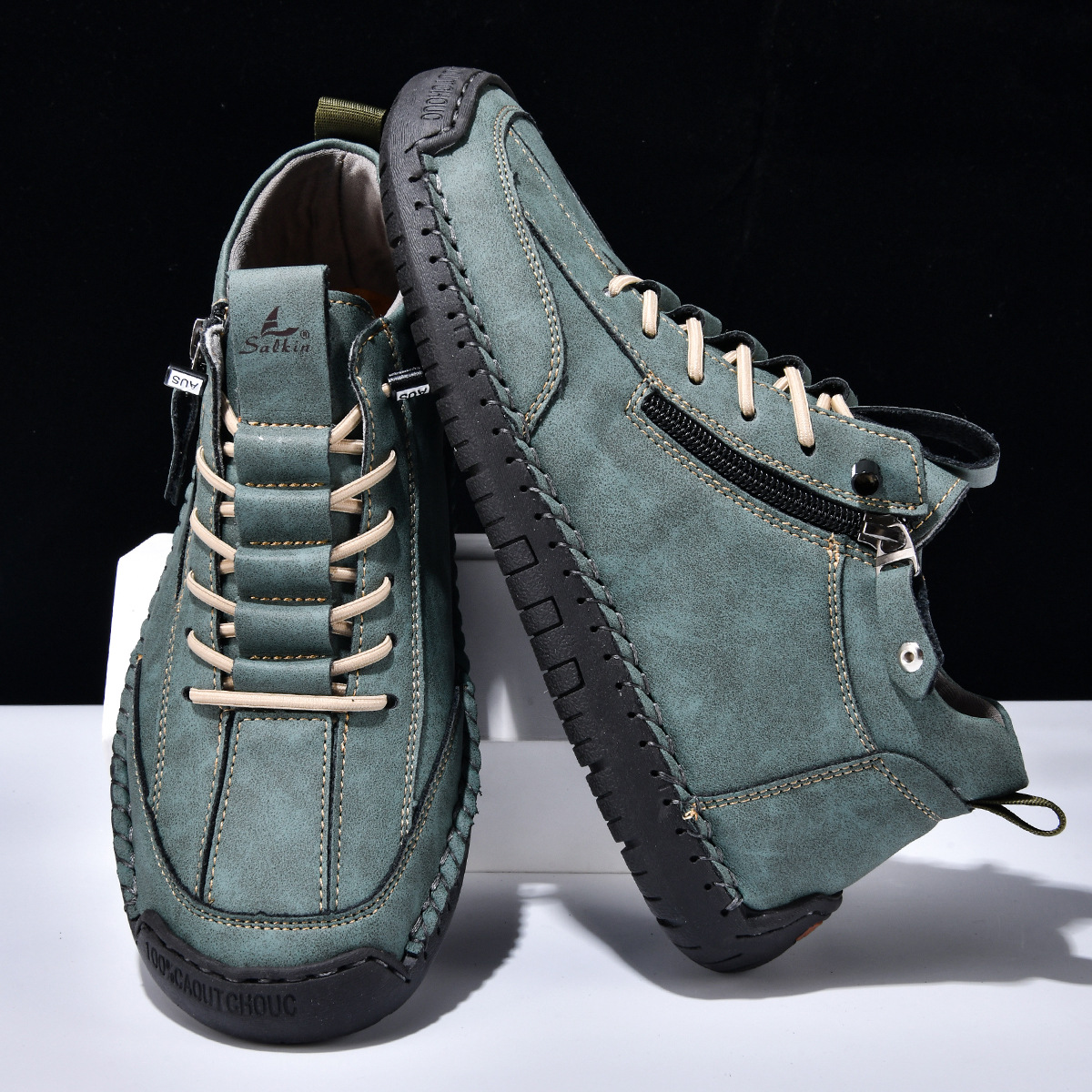 Chaussures homme en nubuck bleu-vert zippées, lacets et semelle crantée