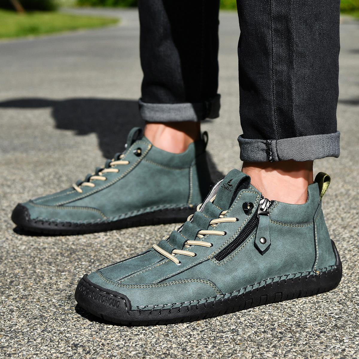Chaussures homme en nubuck bleu-vert zippées, lacets et surpiqûres décoratives