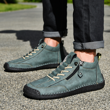 Chaussures homme en nubuck bleu-vert zippées, lacets et surpiqûres décoratives