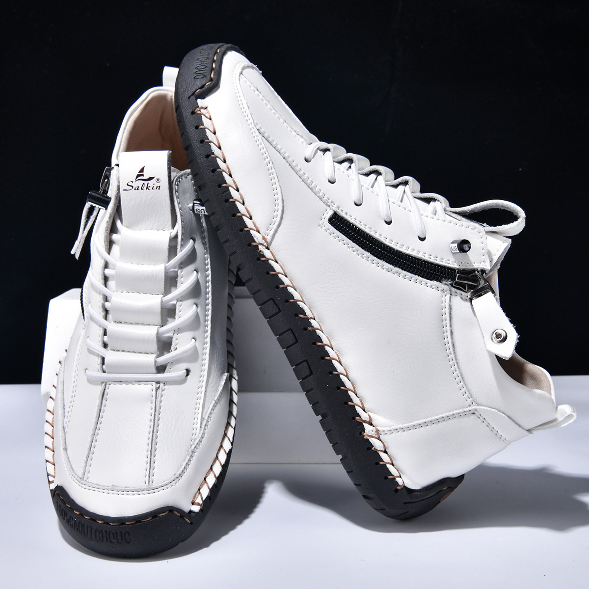 Chaussures homme Danoir Paris™ en nubuck blanc zippées, lacets, semelle crantée