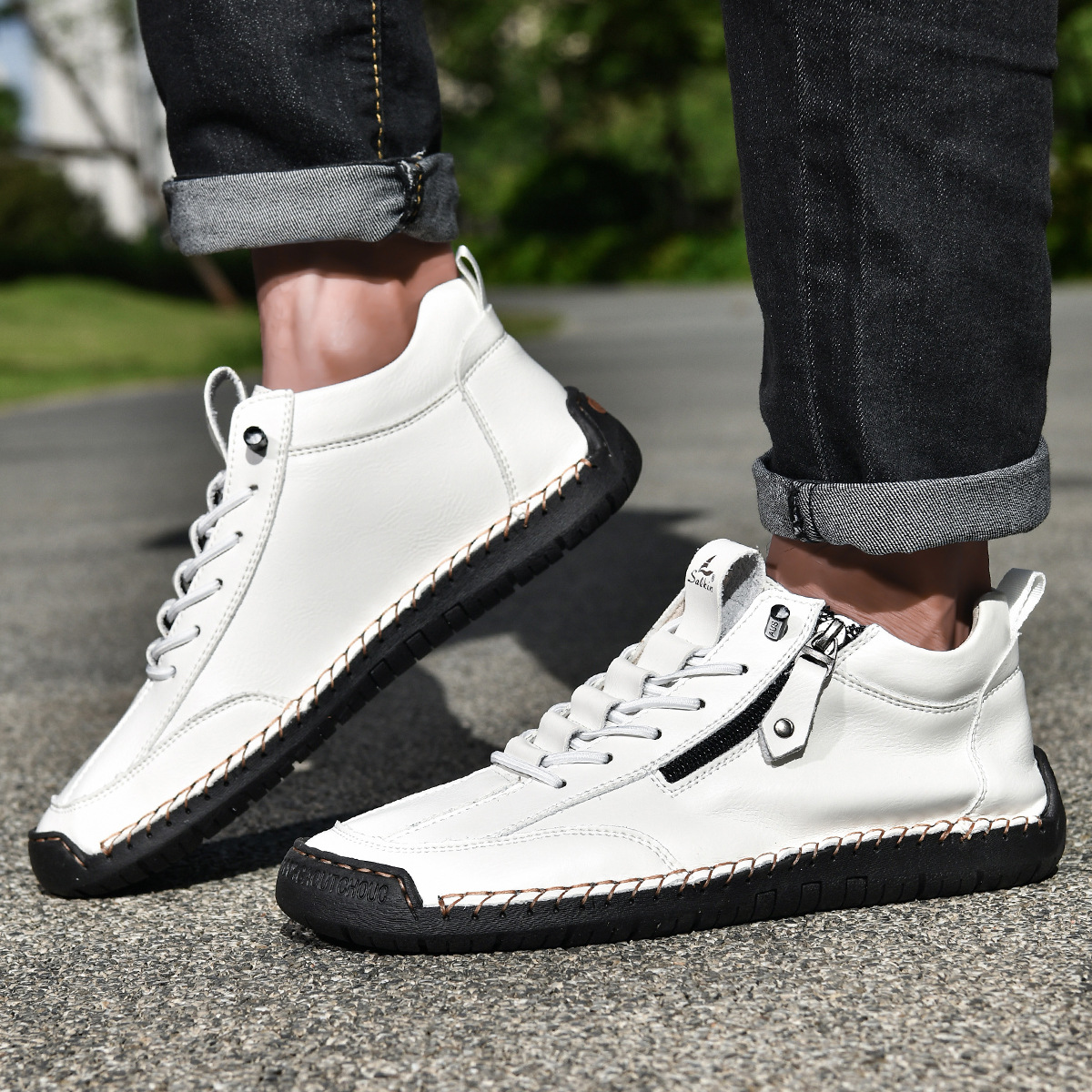 Chaussures homme Danoir Paris™ en nubuck blanc zippées, lacets, profil bas