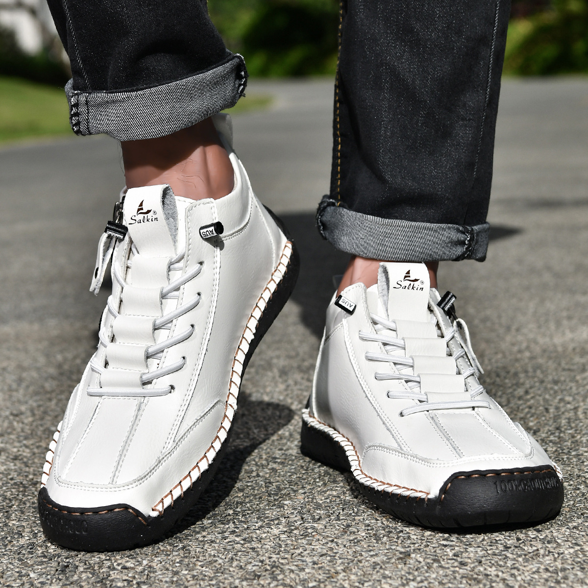 Chaussures homme Danoir Paris™ en nubuck blanc zippées, lacets, extérieur lisse